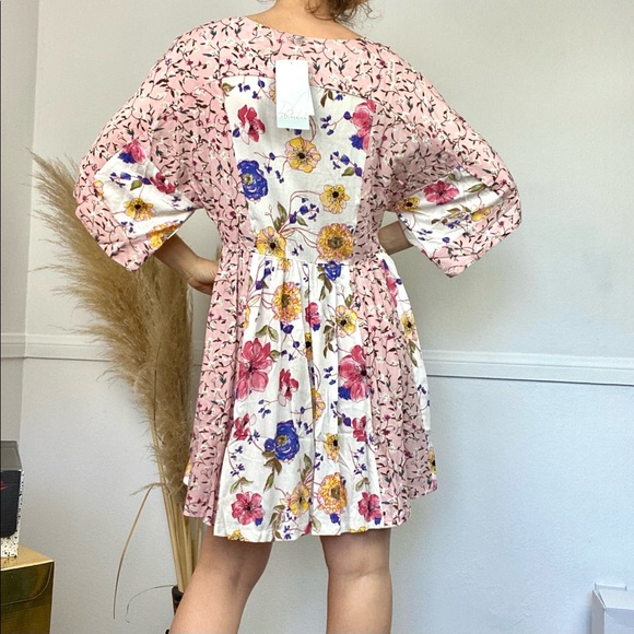 NWT Boho Mixed Floral Print Babydoll  Lace Mini Dress Patch Ivory Blush Summer - Picture 8 of 16